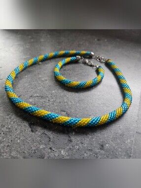 NEW Handmade Ukrainian Flag Beaded Necklace & Bracelet Set Blue Yellow Seed Bead